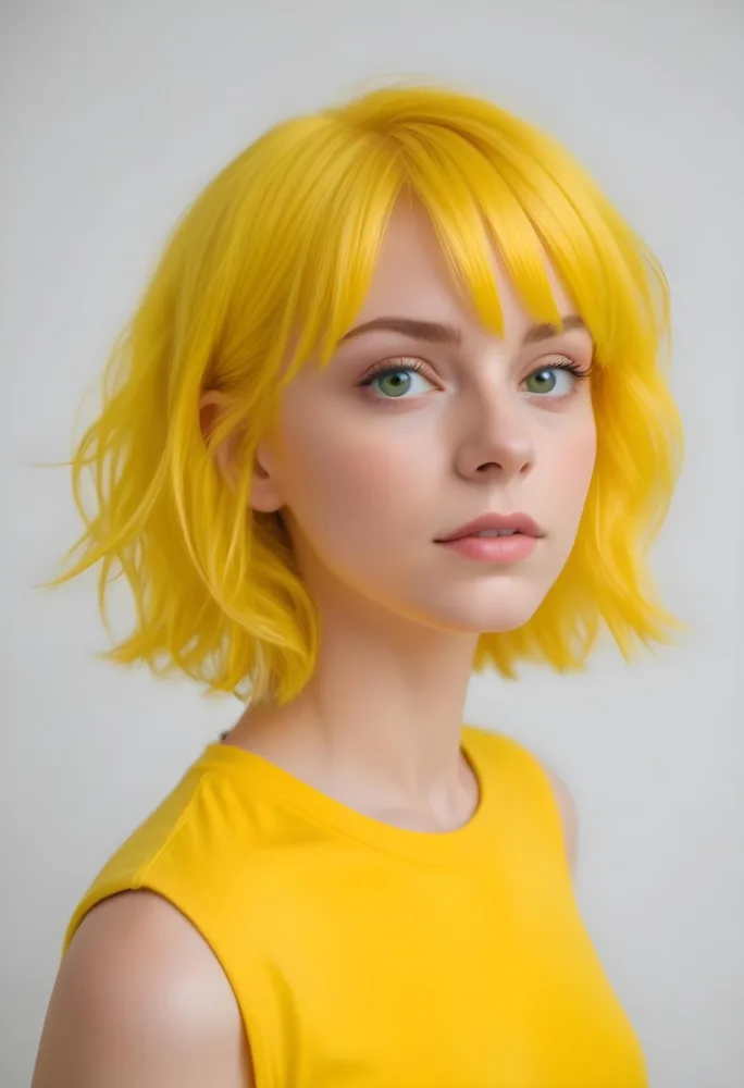 A Young Caucasian Woman With Short Bright Yellow Hair And Green Eyes Wearing A Yellow Shirt Against A Plain White Background 1 1990