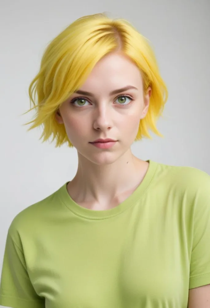 A Young Caucasian Woman With Short Bright Yellow Hair And Green Eyes Wearing A Yellow Shirt Against A Plain White Background 1 A081