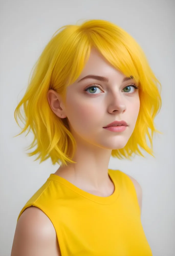 A Young Caucasian Woman With Short Bright Yellow Hair And Green Eyes Wearing A Yellow Shirt Against A Plain White Background 10 A816