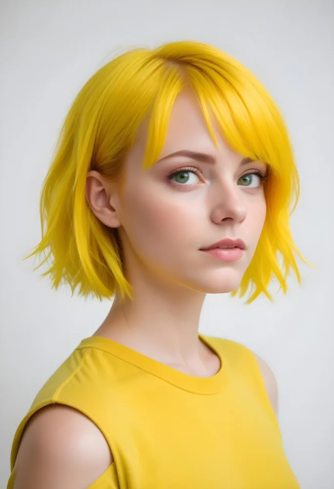 A Young Caucasian Woman With Short Bright Yellow Hair And Green Eyes Wearing A Yellow Shirt Against A Plain White Background 17 523f