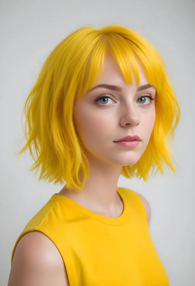 A Young Caucasian Woman With Short Bright Yellow Hair And Green Eyes Wearing A Yellow Shirt Against A Plain White Background 18 296a