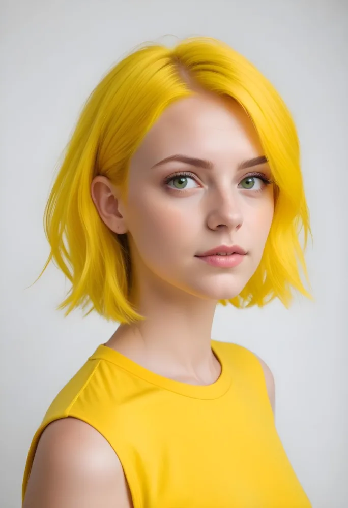 A Young Caucasian Woman With Short Bright Yellow Hair And Green Eyes Wearing A Yellow Shirt Against A Plain White Background 21 9a73