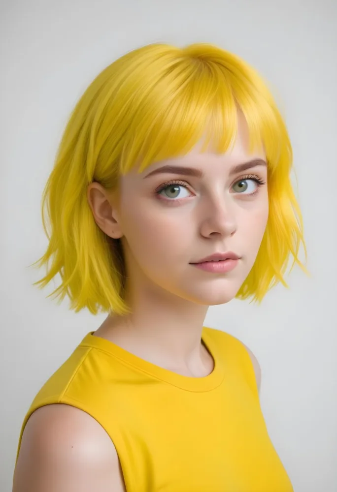 A Young Caucasian Woman With Short Bright Yellow Hair And Green Eyes Wearing A Yellow Shirt Against A Plain White Background 22 0cd2