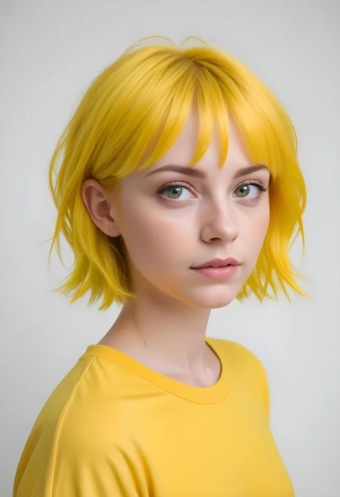 A Young Caucasian Woman With Short Bright Yellow Hair And Green Eyes Wearing A Yellow Shirt Against A Plain White Background 25 0d44