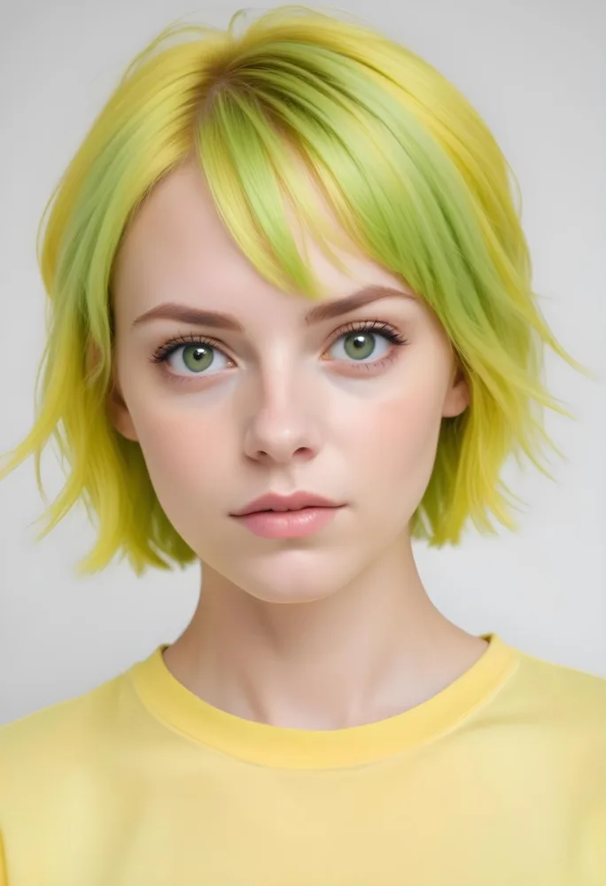 A Young Caucasian Woman With Short Bright Yellow Hair And Green Eyes Wearing A Yellow Shirt Against A Plain White Background 26 71cd
