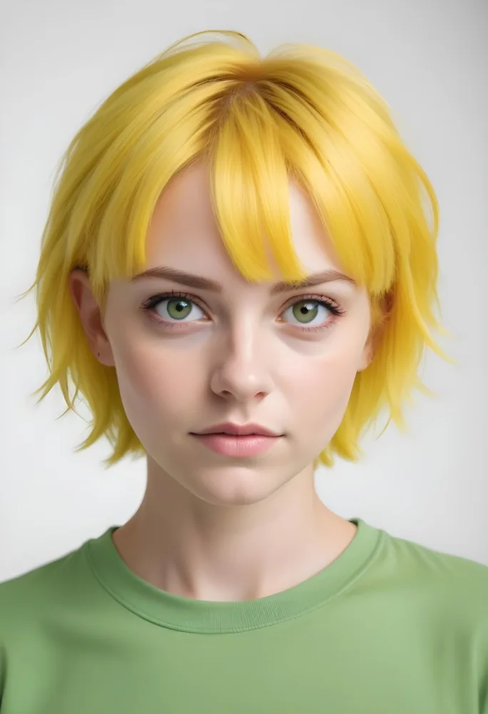 A Young Caucasian Woman With Short Bright Yellow Hair And Green Eyes Wearing A Yellow Shirt Against A Plain White Background 28 3e04