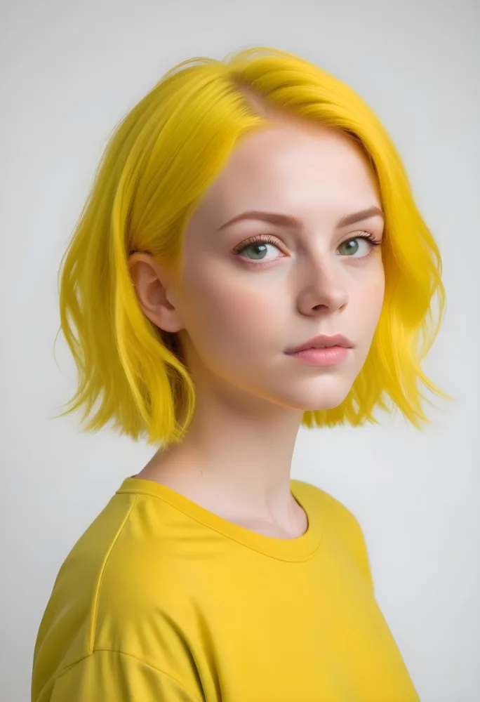 A Young Caucasian Woman With Short Bright Yellow Hair And Green Eyes Wearing A Yellow Shirt Against A Plain White Background 3 9347