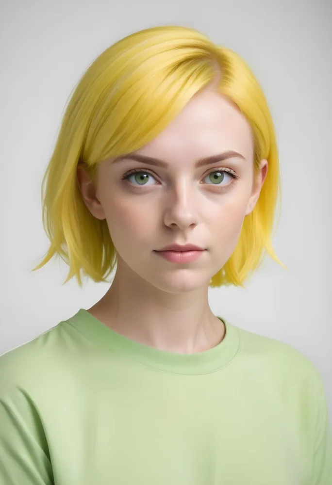 A Young Caucasian Woman With Short Bright Yellow Hair And Green Eyes Wearing A Yellow Shirt Against A Plain White Background 30 6d14