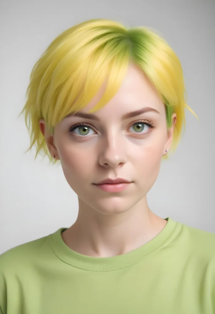 A Young Caucasian Woman With Short Bright Yellow Hair And Green Eyes Wearing A Yellow Shirt Against A Plain White Background 4 0e0d