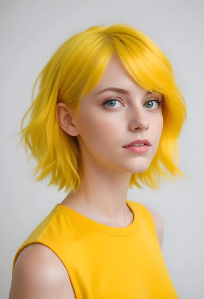A Young Caucasian Woman With Short Bright Yellow Hair And Green Eyes Wearing A Yellow Shirt Against A Plain White Background 5 0933
