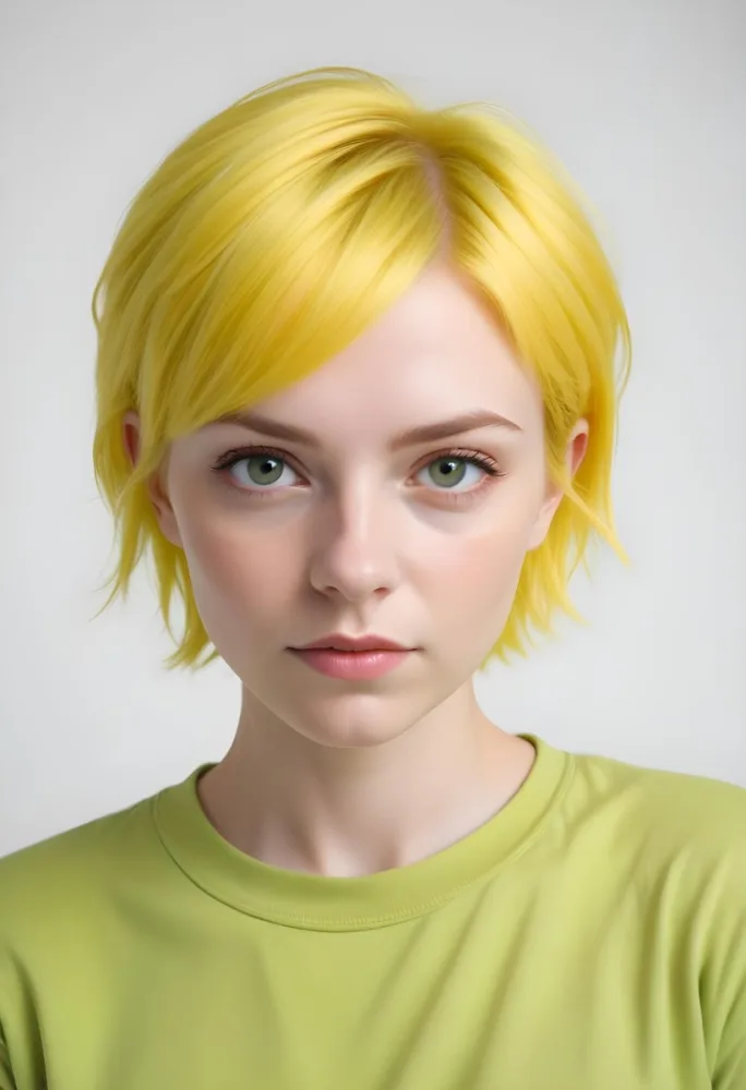 A Young Caucasian Woman With Short Bright Yellow Hair And Green Eyes Wearing A Yellow Shirt Against A Plain White Background 7 B60f