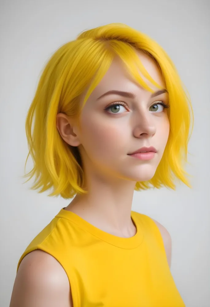 A Young Caucasian Woman With Short Bright Yellow Hair And Green Eyes Wearing A Yellow Shirt Against A Plain White Background 9 E641