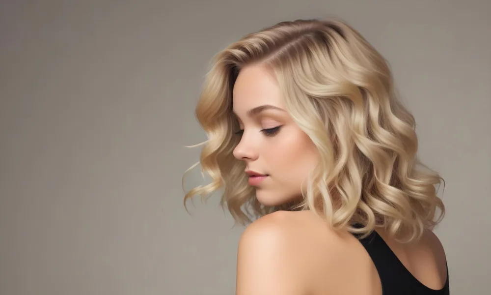 A Young Caucasian Woman With Wavy Shoulder Length Blonde Hair Showcasing A Side Profile She Has A Light Skin Tone And Is Wearing A Black Top The Background Is A Soft Neutral Color 13 7d42