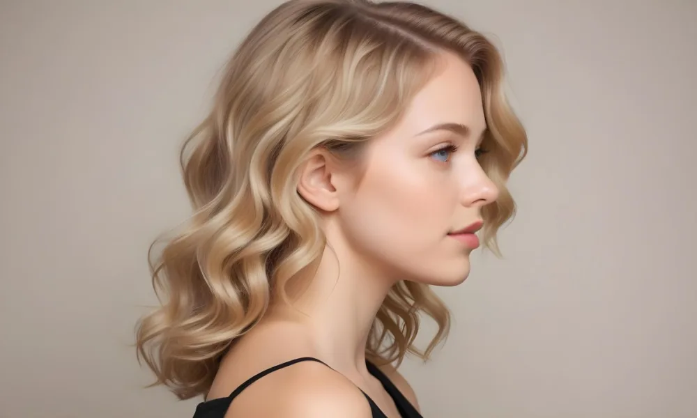 A Young Caucasian Woman With Wavy Shoulder Length Blonde Hair Showcasing A Side Profile She Has A Light Skin Tone And Is Wearing A Black Top The Background Is A Soft Neutral Color 14 F268