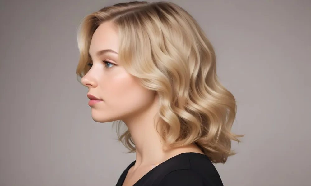 A Young Caucasian Woman With Wavy Shoulder Length Blonde Hair Showcasing A Side Profile She Has A Light Skin Tone And Is Wearing A Black Top The Background Is A Soft Neutral Color 19 Eb45