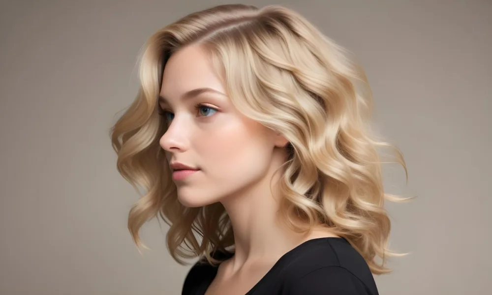 A Young Caucasian Woman With Wavy Shoulder Length Blonde Hair Showcasing A Side Profile She Has A Light Skin Tone And Is Wearing A Black Top The Background Is A Soft Neutral Color 28 1836