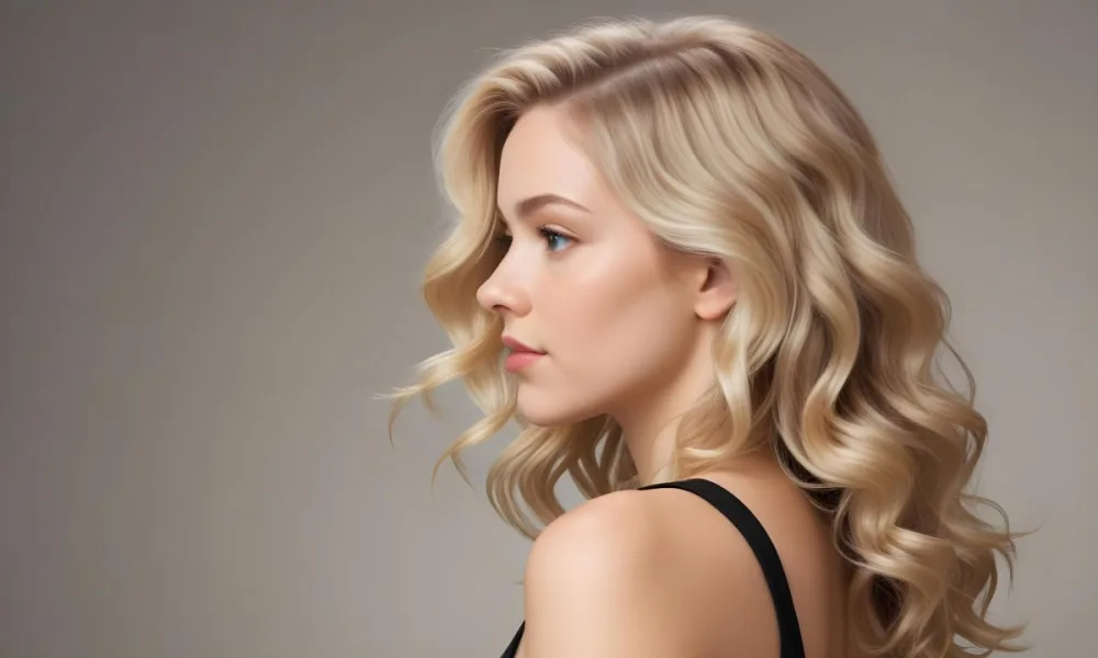 A Young Caucasian Woman With Wavy Shoulder Length Blonde Hair Showcasing A Side Profile She Has A Light Skin Tone And Is Wearing A Black Top The Background Is A Soft Neutral Color 31 73ef