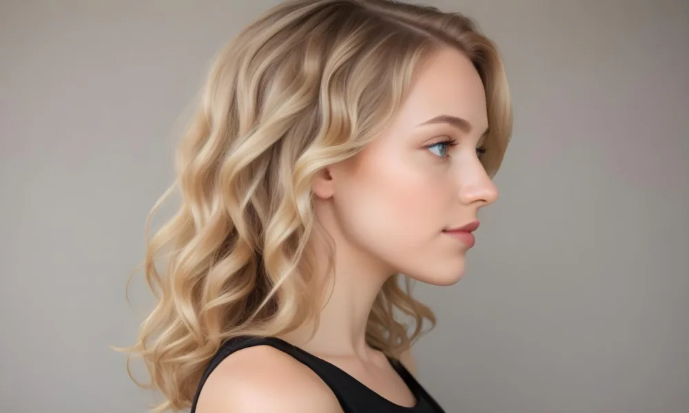 A Young Caucasian Woman With Wavy Shoulder Length Blonde Hair Showcasing A Side Profile She Has A Light Skin Tone And Is Wearing A Black Top The Background Is A Soft Neutral Color 32 Bd7e