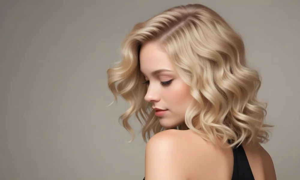 A Young Caucasian Woman With Wavy Shoulder Length Blonde Hair Showcasing A Side Profile She Has A Light Skin Tone And Is Wearing A Black Top The Background Is A Soft Neutral Color 34 53be