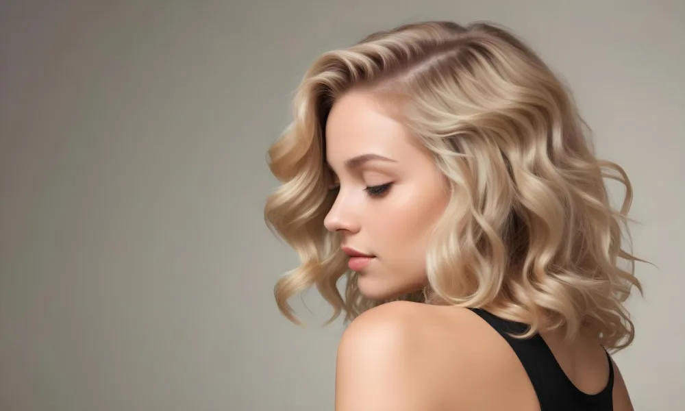 A Young Caucasian Woman With Wavy Shoulder Length Blonde Hair Showcasing A Side Profile She Has A Light Skin Tone And Is Wearing A Black Top The Background Is A Soft Neutral Color 36 E86f