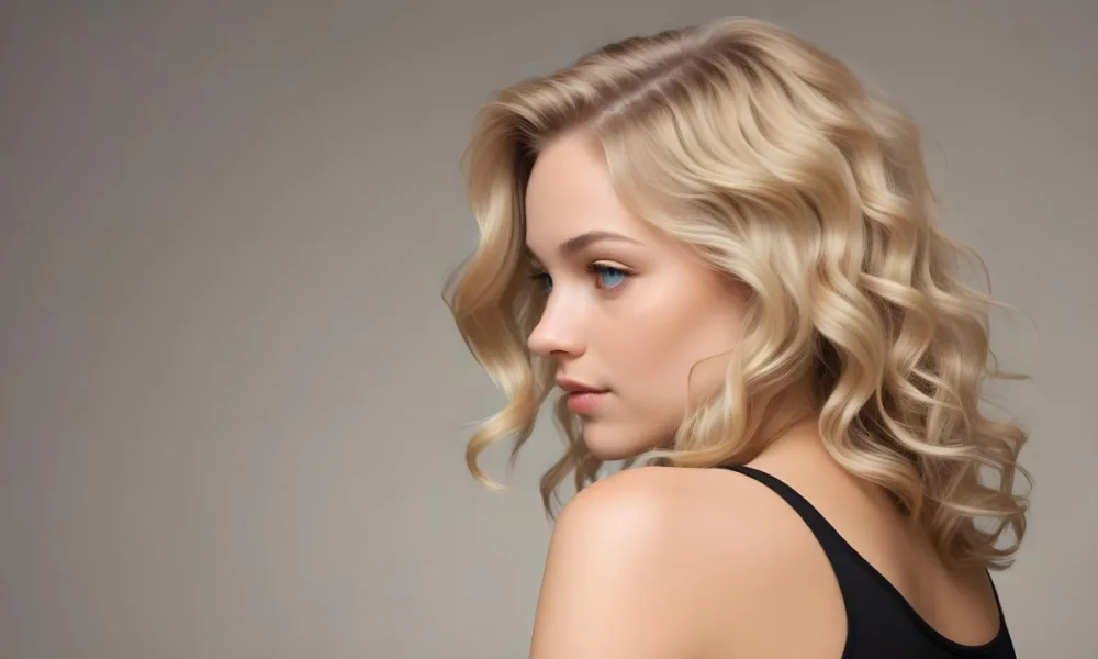 A Young Caucasian Woman With Wavy Shoulder Length Blonde Hair Showcasing A Side Profile She Has A Light Skin Tone And Is Wearing A Black Top The Background Is A Soft Neutral Color 38 4cad
