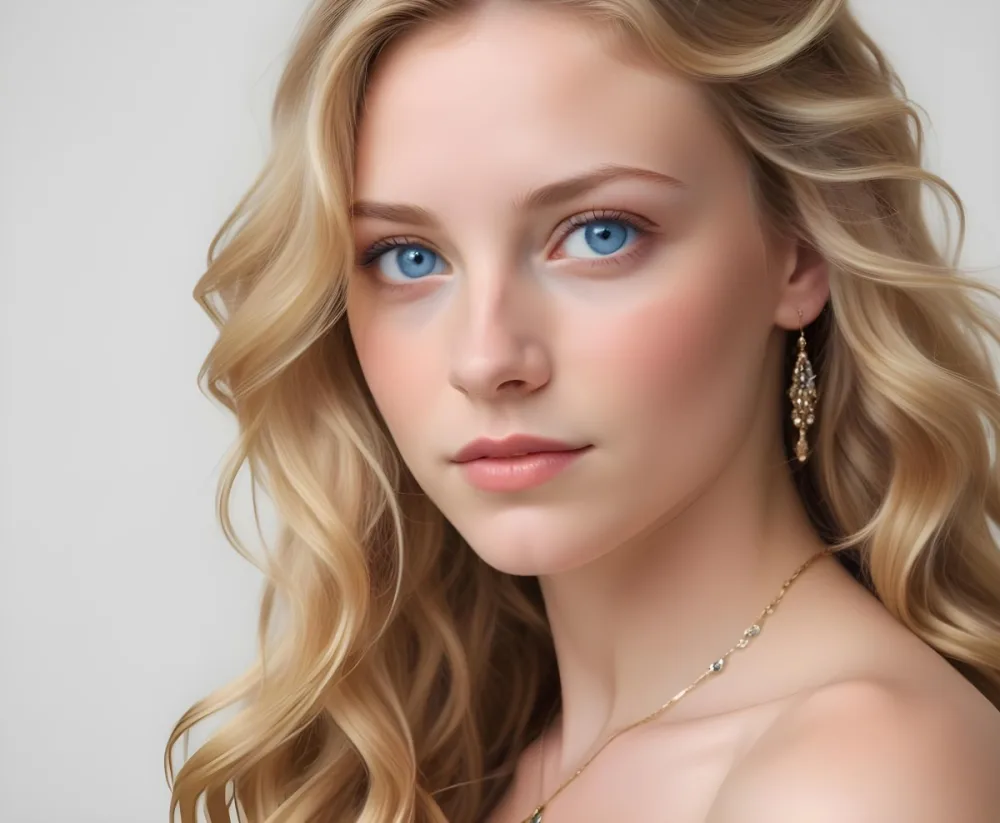 A Young Fair Skinned Caucasian Woman With Long Wavy Blonde Hair And Blue Eyes She Has A Neutral Facial Expression And Is Wearing Simple Jewelry 12 5248