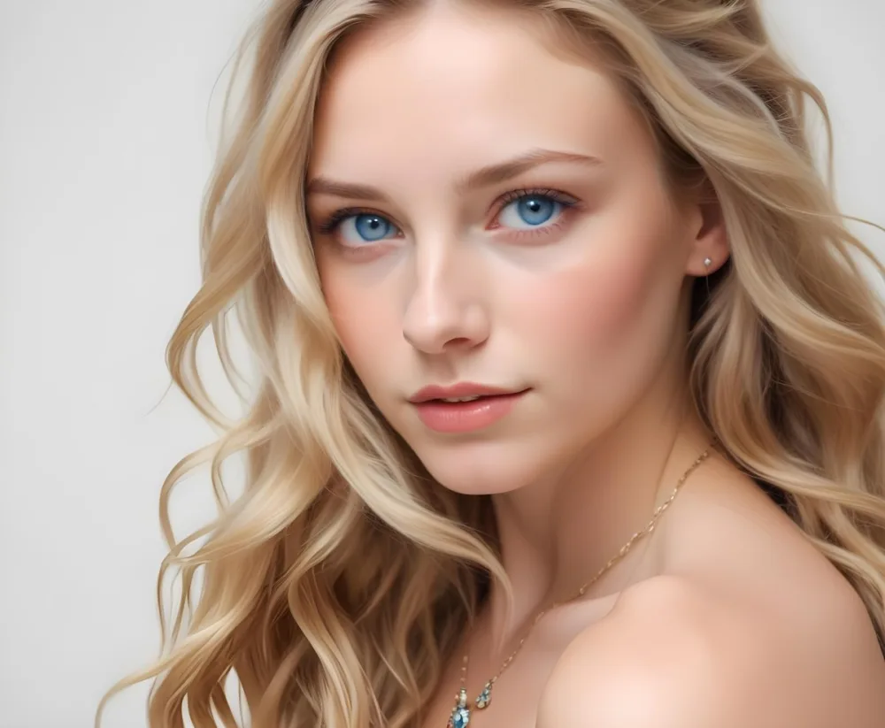 A Young Fair Skinned Caucasian Woman With Long Wavy Blonde Hair And Blue Eyes She Has A Neutral Facial Expression And Is Wearing Simple Jewelry 16 F28a