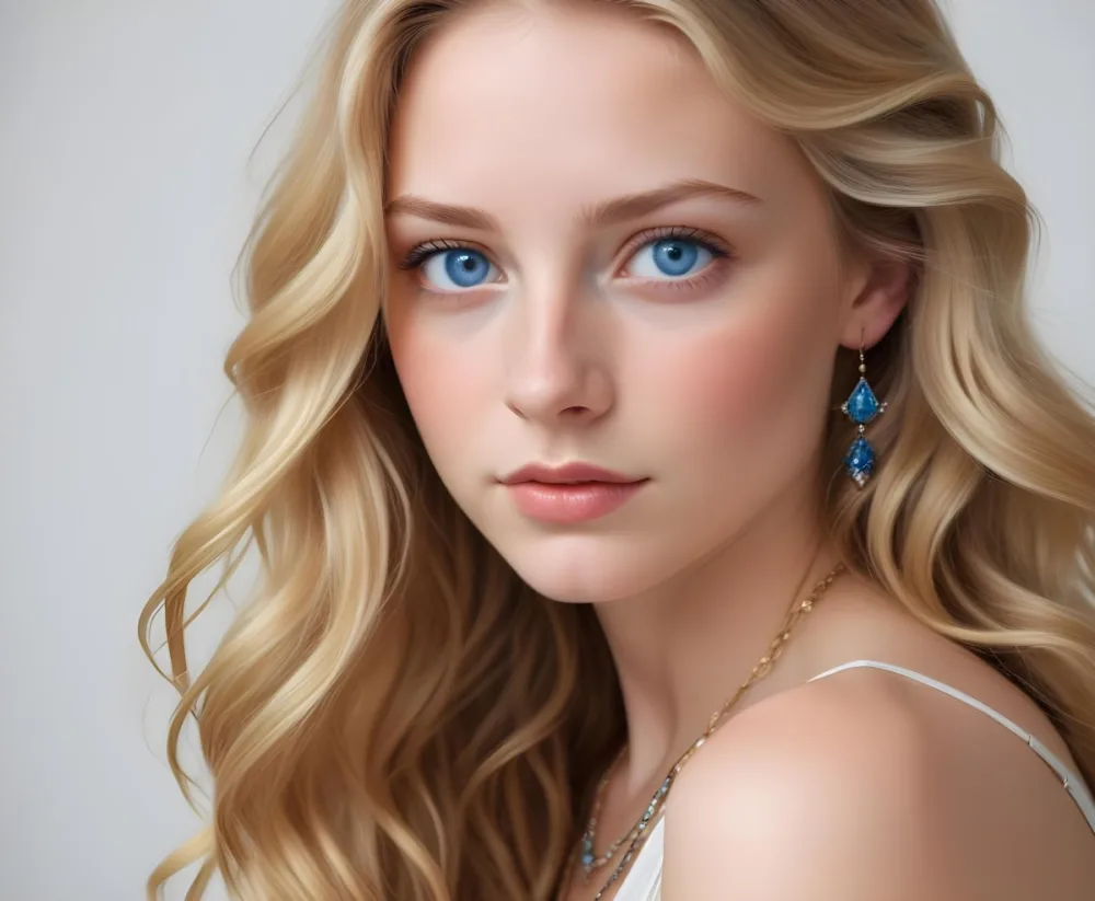 A Young Fair Skinned Caucasian Woman With Long Wavy Blonde Hair And Blue Eyes She Has A Neutral Facial Expression And Is Wearing Simple Jewelry 2 A214