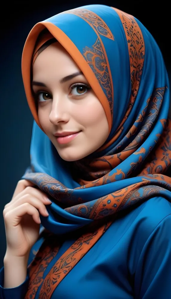 A Young Fair Skinned Woman With Dark Hair Wearing A Blue And Orange Patterned Hijab Looking Directly At The Camera With A Slight Smile 14 B74f