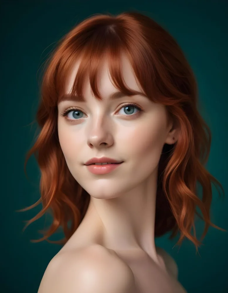 A Young Fair Skinned Woman With Long Wavy Red Hair And Bangs Wearing Minimal Makeup And Looking Directly At The Camera With A Slight Smile 1 6898