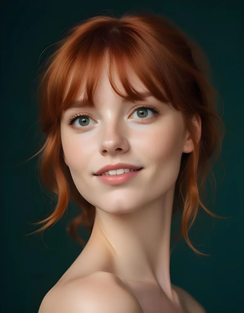 A Young Fair Skinned Woman With Long Wavy Red Hair And Bangs Wearing Minimal Makeup And Looking Directly At The Camera With A Slight Smile 22 995e