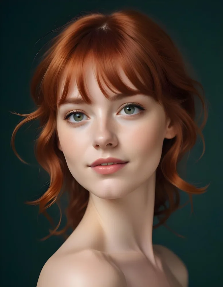 A Young Fair Skinned Woman With Long Wavy Red Hair And Bangs Wearing Minimal Makeup And Looking Directly At The Camera With A Slight Smile 26 9db3