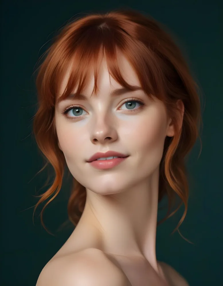 A Young Fair Skinned Woman With Long Wavy Red Hair And Bangs Wearing Minimal Makeup And Looking Directly At The Camera With A Slight Smile 27 A227