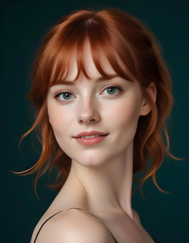 A Young Fair Skinned Woman With Long Wavy Red Hair And Bangs Wearing Minimal Makeup And Looking Directly At The Camera With A Slight Smile 28 Fa41