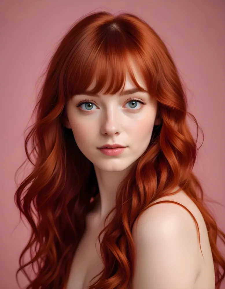 A Young Fair Skinned Woman With Long Wavy Red Hair And Bangs Wearing Minimal Makeup And Looking Directly At The Camera With A Slight Smile 3 9017