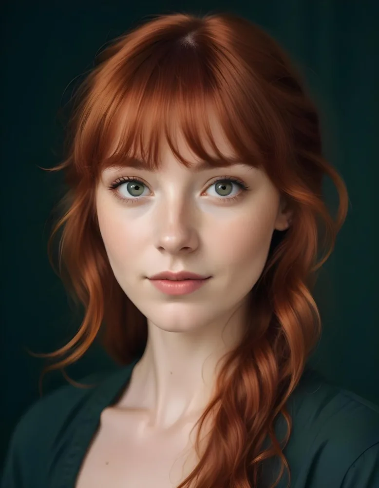 A Young Fair Skinned Woman With Long Wavy Red Hair And Bangs Wearing Minimal Makeup And Looking Directly At The Camera With A Slight Smile 31 A49d