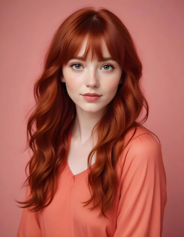 A Young Fair Skinned Woman With Long Wavy Red Hair And Bangs Wearing Minimal Makeup And Looking Directly At The Camera With A Slight Smile 5 0dc9