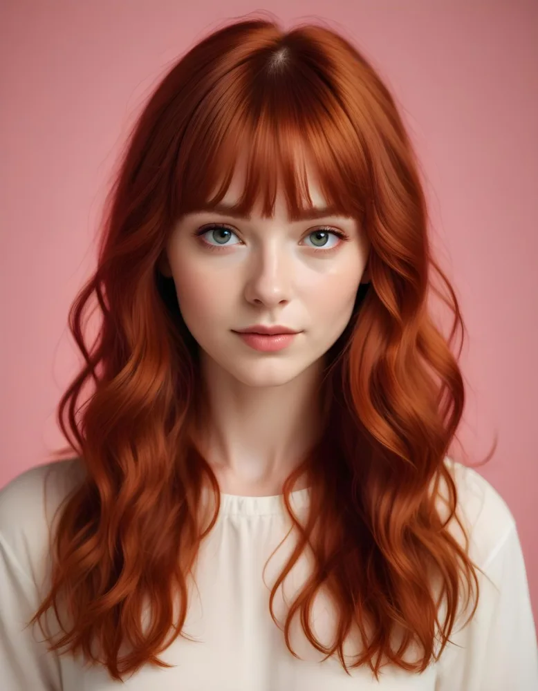 A Young Fair Skinned Woman With Long Wavy Red Hair And Bangs Wearing Minimal Makeup And Looking Directly At The Camera With A Slight Smile 7 14b2