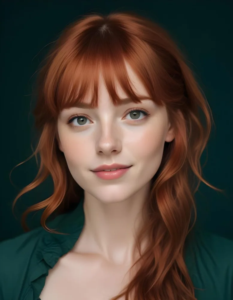 A Young Fair Skinned Woman With Long Wavy Red Hair And Bangs Wearing Minimal Makeup And Looking Directly At The Camera With A Slight Smile 8 F091