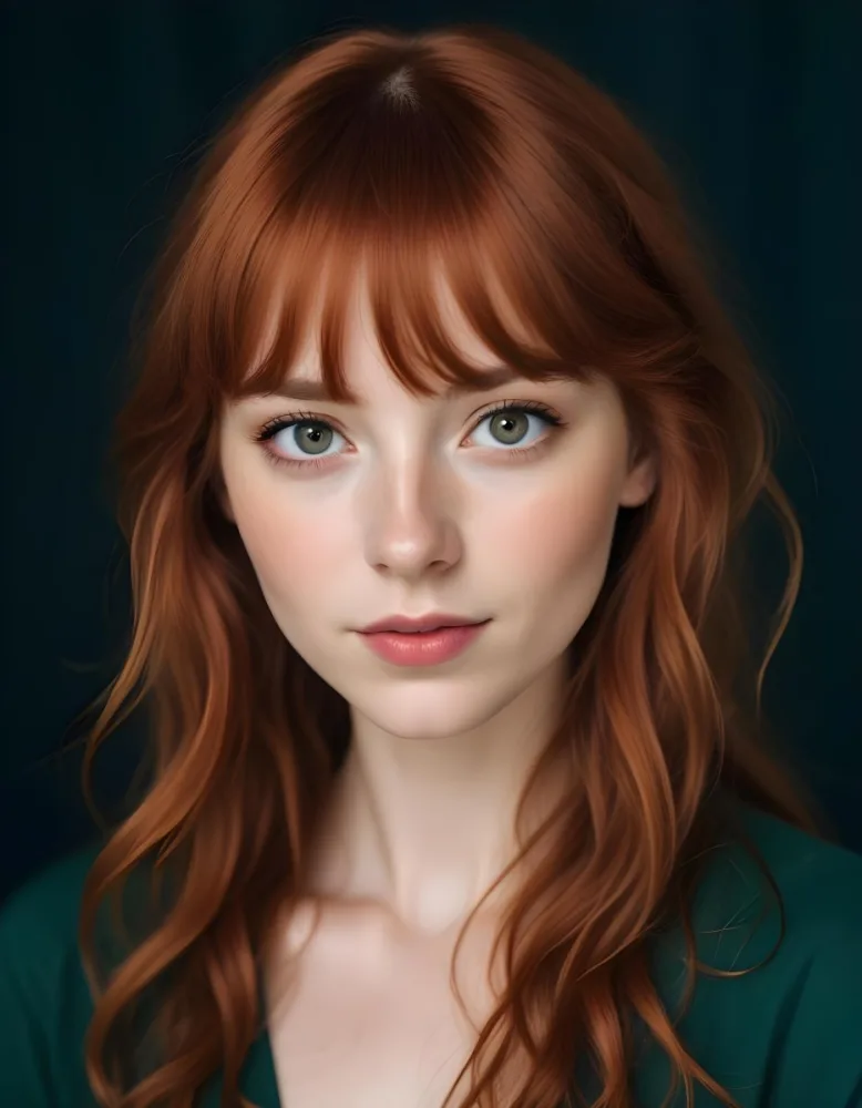 A Young Fair Skinned Woman With Long Wavy Red Hair And Bangs Wearing Minimal Makeup And Looking Directly At The Camera With A Slight Smile 9 3f36