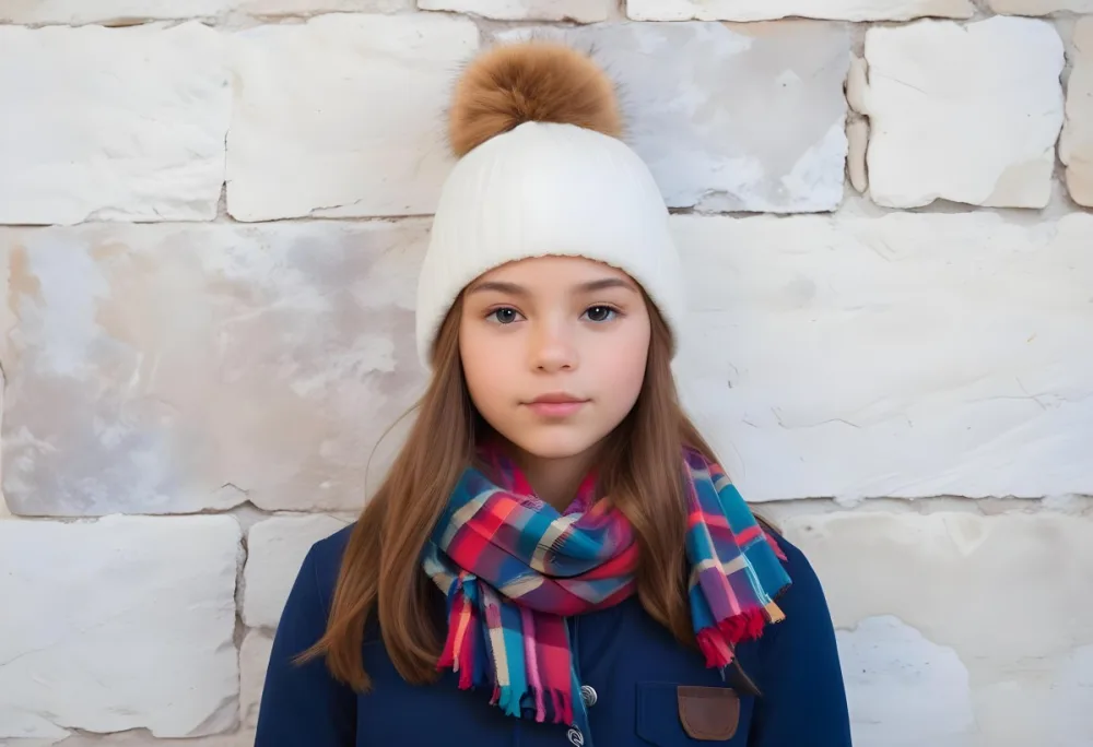 A Young Girl Approximately 12 Years Old With Light Skin And Long Brown Hair Wearing A White Beanie With A Pom Pom On Top And A Colorful Plaid Scarf The Background Consists Of A Textured Stone Wall 10 1d97