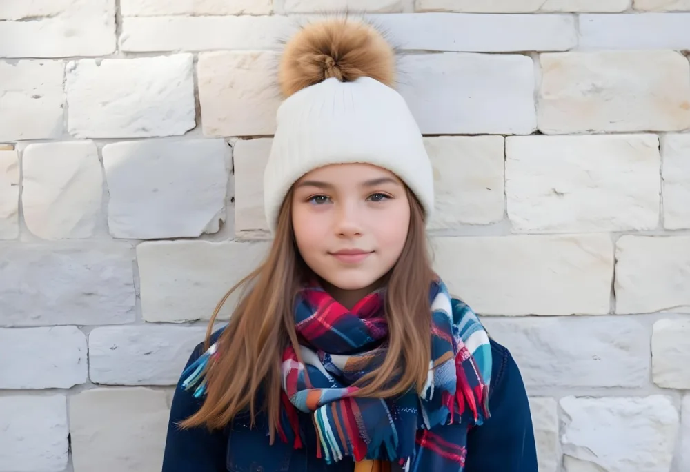 A Young Girl Approximately 12 Years Old With Light Skin And Long Brown Hair Wearing A White Beanie With A Pom Pom On Top And A Colorful Plaid Scarf The Background Consists Of A Textured Stone Wall 11 Fb2a