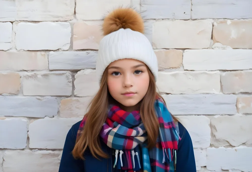 A Young Girl Approximately 12 Years Old With Light Skin And Long Brown Hair Wearing A White Beanie With A Pom Pom On Top And A Colorful Plaid Scarf The Background Consists Of A Textured Stone Wall 12 2adf