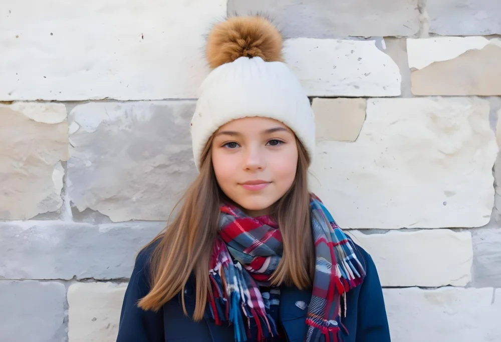 A Young Girl Approximately 12 Years Old With Light Skin And Long Brown Hair Wearing A White Beanie With A Pom Pom On Top And A Colorful Plaid Scarf The Background Consists Of A Textured Stone Wall 13 553a