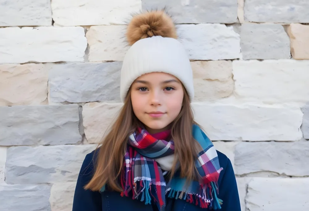 A Young Girl Approximately 12 Years Old With Light Skin And Long Brown Hair Wearing A White Beanie With A Pom Pom On Top And A Colorful Plaid Scarf The Background Consists Of A Textured Stone Wall 15 Bff9