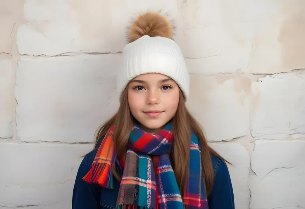 A Young Girl Approximately 12 Years Old With Light Skin And Long Brown Hair Wearing A White Beanie With A Pom Pom On Top And A Colorful Plaid Scarf The Background Consists Of A Textured Stone Wall 16 624d