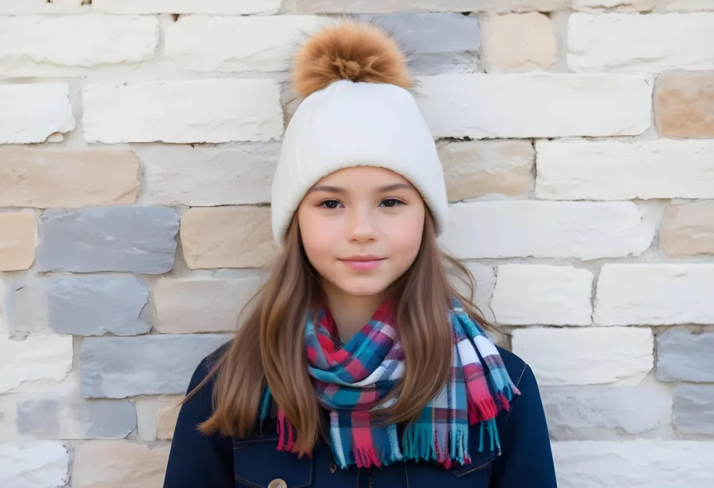A Young Girl Approximately 12 Years Old With Light Skin And Long Brown Hair Wearing A White Beanie With A Pom Pom On Top And A Colorful Plaid Scarf The Background Consists Of A Textured Stone Wall 17 D946