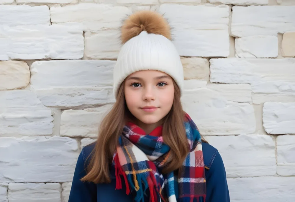 A Young Girl Approximately 12 Years Old With Light Skin And Long Brown Hair Wearing A White Beanie With A Pom Pom On Top And A Colorful Plaid Scarf The Background Consists Of A Textured Stone Wall 18 Bb67
