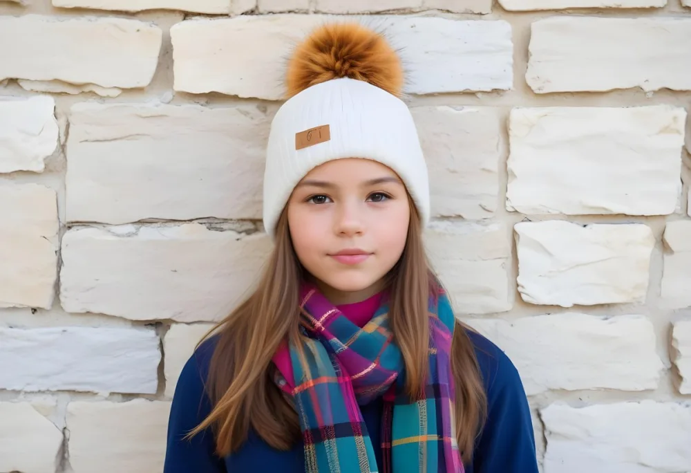 A Young Girl Approximately 12 Years Old With Light Skin And Long Brown Hair Wearing A White Beanie With A Pom Pom On Top And A Colorful Plaid Scarf The Background Consists Of A Textured Stone Wall 19 2b20