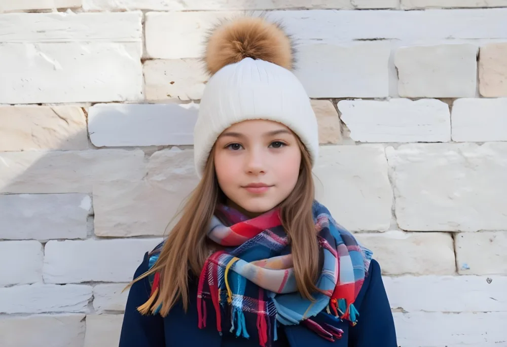 A Young Girl Approximately 12 Years Old With Light Skin And Long Brown Hair Wearing A White Beanie With A Pom Pom On Top And A Colorful Plaid Scarf The Background Consists Of A Textured Stone Wall 21 9e3d